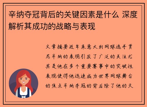 辛纳夺冠背后的关键因素是什么 深度解析其成功的战略与表现
