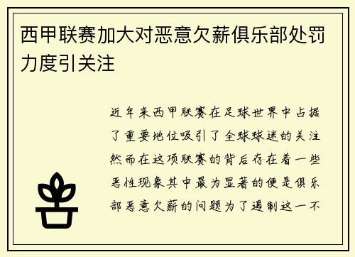 西甲联赛加大对恶意欠薪俱乐部处罚力度引关注 西甲联赛加大对恶意欠薪俱乐部处罚力度引关注